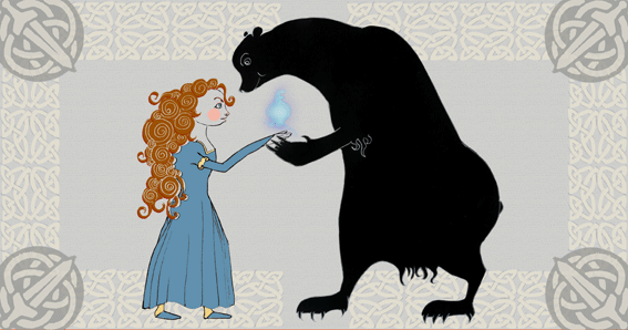 Ein Wandteppich. Links ist die Titelheldin Merida zu sehen, die rote Haare hat und ein blaues Kleid trägt. Rechts steht ein großer schwarzer Bär, die Hand des Mädchens und die Pranke des Bären berühren sich in einer Handreichungsgeste. Über dem Berührungspunkt flackert ein blaues Irrlicht.