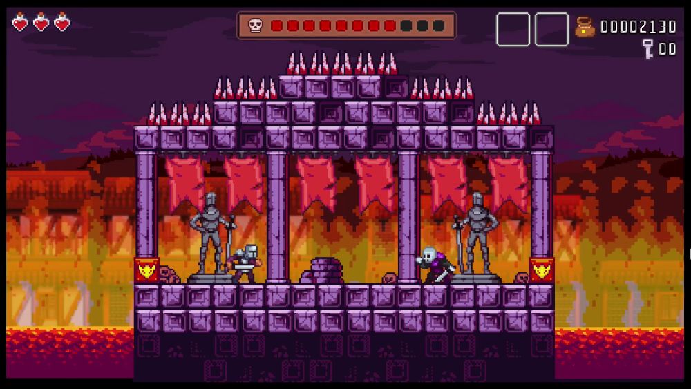 Screenshot aus Swords & Bones: In der Mitte kämpft ein Ritter gegen einen untoten Ritter, links oben ist die Lebenspunkte- und Mana-Anzeige, mittig oben ist die Lebenspunkteanzeige des Untoten, rechts oben die Anzahl von eingesammelten Münzen und Schlüsseln.