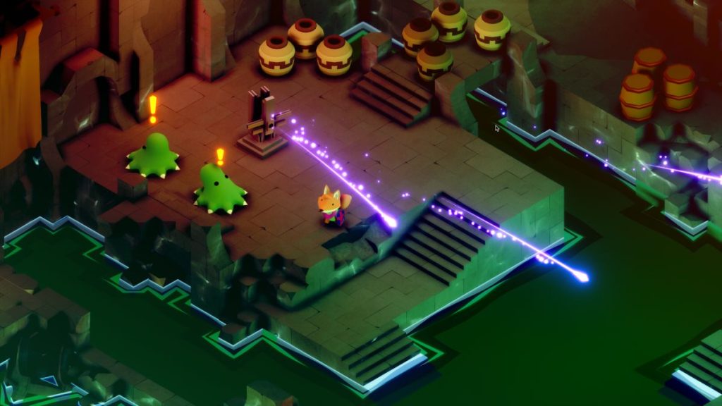 Screenshot aus Tunic: Ein Fuchs weicht in einem Dungeon leuchtenden Geschossen aus, während zwei Schleimwesen auf ihn aufmerksam werden.